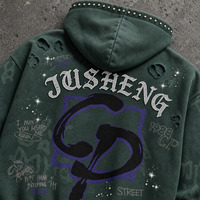Sweat à capuche zippé personnalisé pour homme, effet vieilli, orné de strass, style vintage délavé, streetwear, fabricant OEM