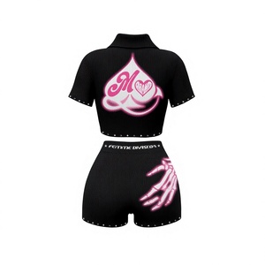 Conjunto de Dos Piezas para Mujer, Top Corto y Pantalones Cortos, Estampado de Esqueleto Negro y Rosa, Tejido Acanalado de Spandex y Poliéster, Manga Corta, Cuello Camisero - Product Image 3