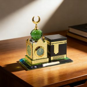 Islamic Kaaba <b>Crystal</b> Glass Clock Ornament With Green Dome And Golden <b>Moon</b> Decorative Religious Gift For Home Or Office Display - Product Image 1