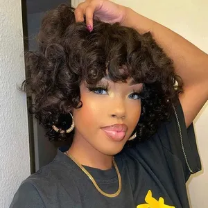 Fumi Curly Human Hair Wigs for Women Fringe Pixie Cut Rose Curly Cheap Full Machine Wigs Egg Curls Bob Wig With Bangs