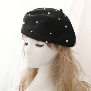 Vente en gros d'usine OEM en stock bérets français en laine de couleur unie bonnet avec perles - Product Image 4