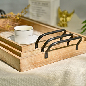 HOME Living Room Rustic Rectangle Wood Flower Carved <b>Tray</b> with Metal Handle - Product Image 4