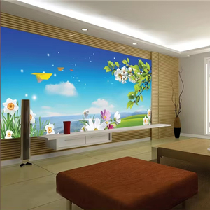 Papier peint de paysage de prairie florale de printemps avec des avions en papier, papier peint scénique frais pour la décoration de bureau de restaurant - Product Image 1