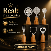 Ensemble de 12 ustensiles de cuisine pour enfants, manches en bois de hêtre, acier inoxydable 304 de qualité alimentaire, sans BPA, outils de cuisine pour une vraie cuisson
