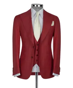 定制红色男士套装修身3件套经典纯色金色纽扣西装外套婚礼新郎伴郎套装