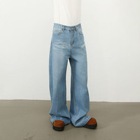 Pantalon en jean bleu délavé effet fourrure de chat de marque américaine tendance pour homme - Pantalon ample et droit de haute qualité, coupe large, longueur au sol