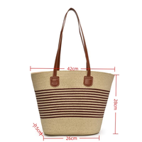 Tas Tote Kasual Wanita Stripe Kapasitas Besar Hundred Seaside Beach Rattan Wovenr dengan Penutup Ritsleting untuk Wanita