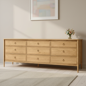 <span class=keywords><strong>Commode</strong></span> RH FRANCOIS à 9 tiroirs, <span class=keywords><strong>commode</strong></span> en bois clair avec un design à trois colonnes et des pieds effilés, armoire de rangement moderne - Product Image 1