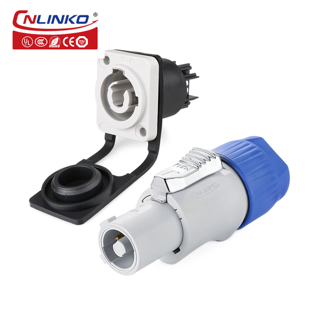 CNLINKO Gray PBt Plastic 3 Pin Power-in Female Powercon Plug Socket Cutout Size 24mm Panel Mount Waterproof Industrial Connector
