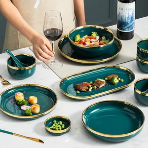 Wholesale China Nordic Dark Green Bone Crokery Tableware Porcelain Ceramics Plates Dinnerware Dinner Set