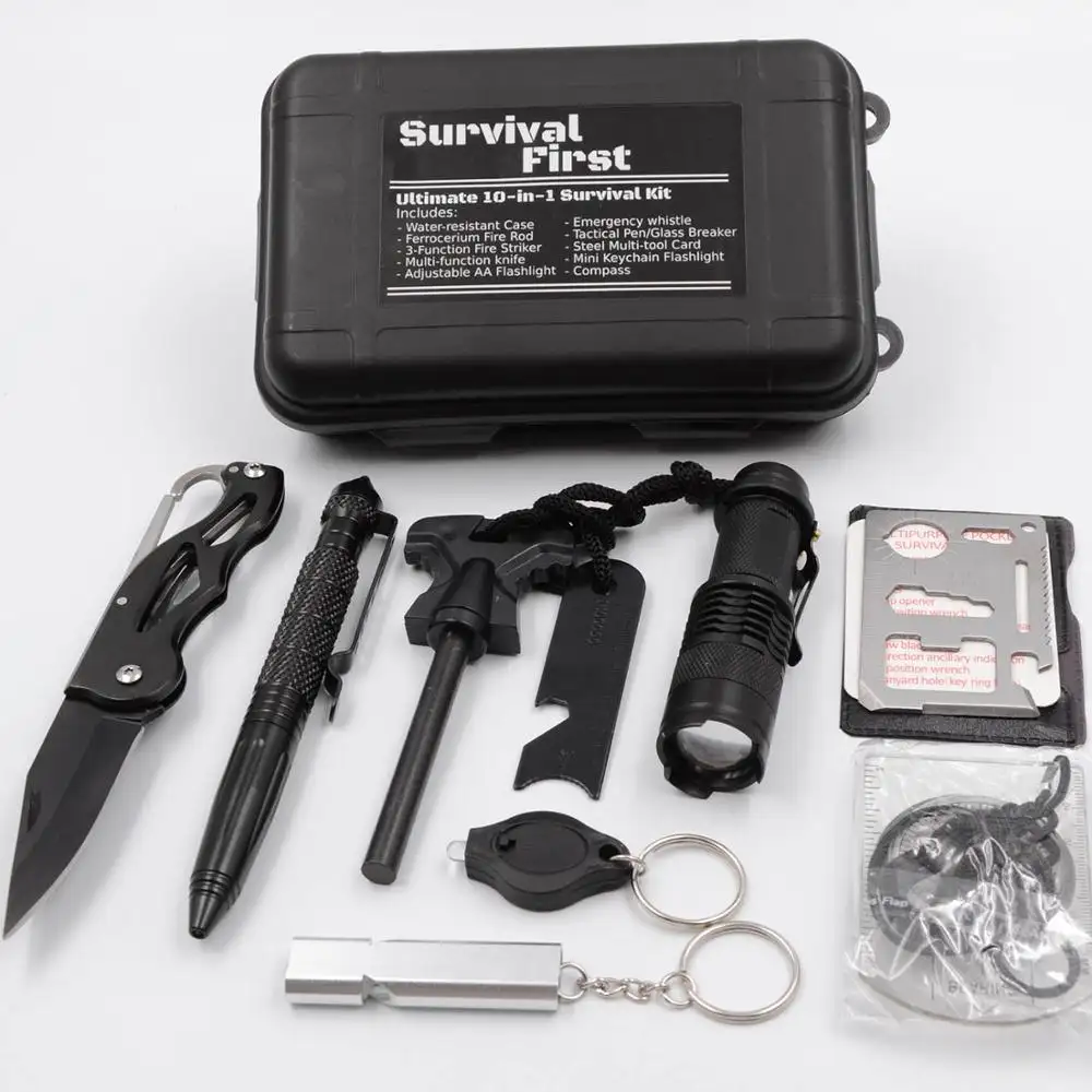 Survival Gear Kit 11in 1 Outdoor Multi-Tujuan Alat Kompas Api Starter Senter Digunakan Camping Gear Kit