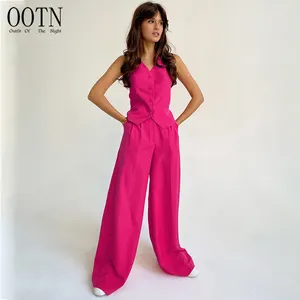 OOTN बटन बनियान संगठन कार्यालय महिलाओं महिलाओं गर्मियों 2023 गुलाबी सुरुचिपूर्ण रंगीन जाकेट 2 टुकड़े सेट उच्च कमर व्यापक पैर पैंट सूट