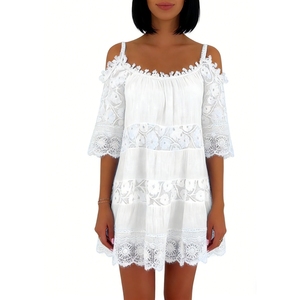 Robe courte à épaules dénudées pour femmes avec dentelle - Robes décontractées à manches courtes et à volants, tendance - Product Image 4