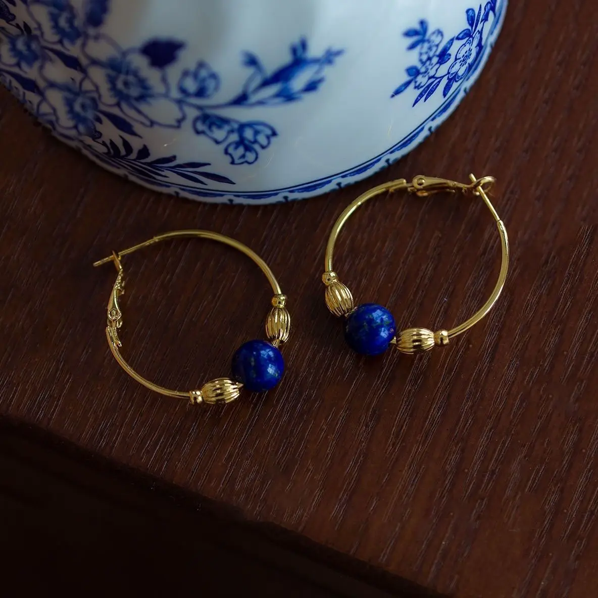 Luxe Vintage Elegante Real Gold Plating Blue Lapis Lazuli Natuursteen Ronde Oorknopjes Voor Vrouwen Sieraden