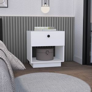 DB Viliigili, mesita de noche moderna de un cajón, mesa auxiliar con acabado blanco sólido para dormitorio, carga inalámbrica plegable para uso en apartamentos - Product Image 1