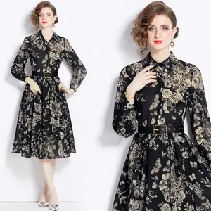 New Plus Size Casual Women's Wear Polo Collar Long sleeved Shirt Dress Printed Dress Women's Wear