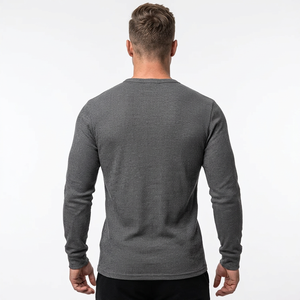 T-shirt Henley à manches longues pour homme, coupe classique, gris uni, tricoté, 100% coton, décontracté, respirant, col rond, séchage rapide - Product Image 6