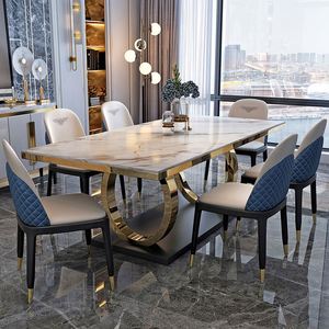 Set <span class=keywords><strong>Tavolo</strong></span> <span class=keywords><strong>da</strong></span> Pranzo Rettangolare Moderno di Lusso in Marmo con Sedie e Base in Acciaio Inossidabile - Offerta Imperdibile per Arredamento Sala <span class=keywords><strong>da</strong></span> Pranzo - Product Image 2