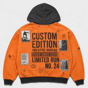 Custom 450GSM Cotton Hoodie Sunfaded Mud Wash French Terry Distressed Boxy Fit Orange Patchwork Grunge <b>Pullover</b> OEM <b>Men</b> Hoodie - Product Image 2