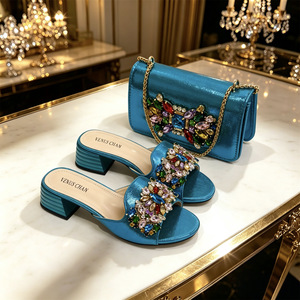 Set Scarpe Estive da Donna e Borsa Coordinata per l'Estero: <span class=keywords><strong>Sandali</strong></span> Peep-toe Slip-on con <span class=keywords><strong>Tacco</strong></span> Grosso a Spillo e Fibbie con Strass, Pochette Abbinata - Product Image 6