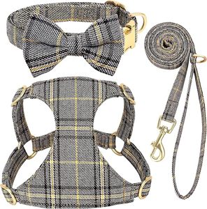 Ensemble Harnais, Collier et Laisse pour Petits Chiens avec Nœud Papillon, Harnais Doux et Réglable à Carreaux pour Chiots et Chats de Petite Taille pour les Promenades - Product Image 2