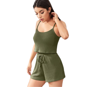 Pyjama d'été pour femme de style européen, personnalisable, motif uni, caraco et short, respirant, taille élastique, tricoté décontracté - Product Image 1