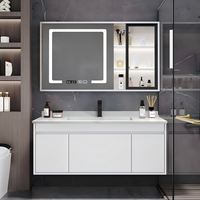 Tocador de baño de diseño moderno montado en la pared con espejo LED tocador de espacio de almacenamiento grande personalizado