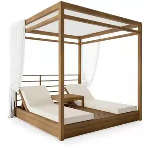 Outdoor Furniture 100% Solid Wood Daybed Lounger, Man-made Aluminum Frame Canopy Sunbed,Sun Loungers