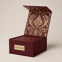 Boîte à livre rigide magnétique à rabat mat bordeaux avec intérieur damassé doré vintage, emballage de luxe personnalisé avec logo pour cadeau de mariage