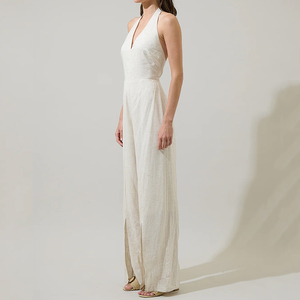 Mono de lino transpirable de alta calidad, lujoso y a la moda, con cuello halter en V profundo, holgado y de pierna ancha, personalizable. - Product Image 2