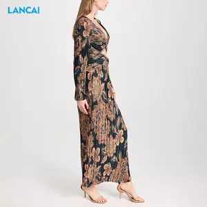 Floral Dresses Printed -Neck Long Sleeve Floral Wrap Printed Clothing Long Dress Woman Pleated Casual Dress