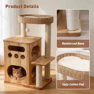 Wholesale Luxury Solid Wood Storage Tower OEM ODM Custom Logo Sisal Scratching Post Handwoven Basket Easy Clean Waterproof - Product Image 2