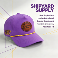 Casquette de baseball respirante perforée violette avec patch en cuir personnalisé, accent en corde tressée jaune et broderie latérale motif tigre