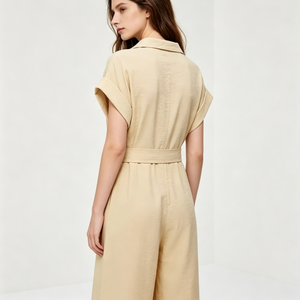 Combinaison d'été respirante pour <span class=keywords><strong>femme</strong></span>, personnalisable, à manches courtes, col rabattu, coupe ajustée, taille à nouer, jambes larges, pour le quotidien - Product Image 2