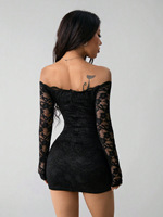 Robe mini noire en dentelle pour femme, épaules dénudées, manches longues, moulante, coupe ajustée, sexy, pour club, soirée, sortie, robe tendance