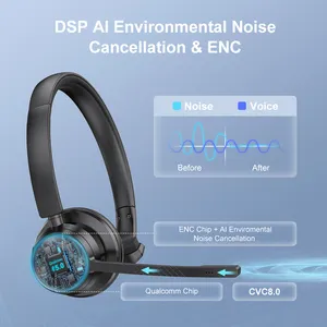 Fone de ouvido sem fio novo design dsp, cancelamento de ruído, headset wireless com microfone e suporte de carga para equipes, zoom, skype