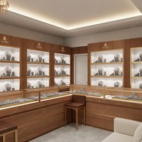 Vitrine murale rétroéclairée Sundo Jewelry Shop, comptoir long en verre, unité de présentation en noyer doré pour magasin de détail