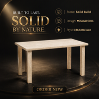 Table à manger en travertin beige haut de gamme avec pieds carrés en pierre, pierre naturelle, travertin naturel, table en travertin massif
