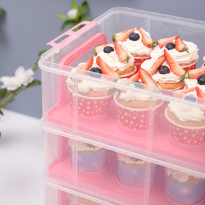 CUPP01 Caja de almacenamiento de plástico moderna de 2-4 capas para cupcakes Caja de embalaje portátil de mano para cupcakes Caja de almacenamiento de postres sellada de plástico - Product Image 2