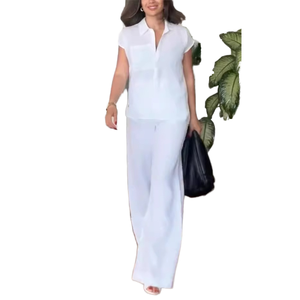 Moda estiva Casual da <span class=keywords><strong>donna</strong></span> in cotone e <span class=keywords><strong>lino</strong></span> due pezzi traspirante a mezza camicia a maniche corte <span class=keywords><strong>pantaloni</strong></span> larghi in Chiffon tinta unita XXS XL - Product Image 4