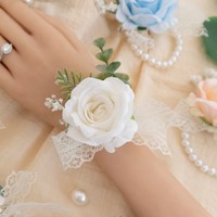 Aksesori Pesta Pengiring Pengantin Pernikahan Boutonniere Korsase Pergelangan Tangan Bunga Kain Buatan Tangan Biru Ungu Merah Muda Gading