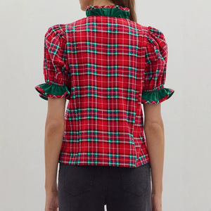 <strong>Women</strong> Christmas Red <strong>Tartan</strong> Plaid Ruffle Blouse V Neck Puff Short Sleeve Button Down Holiday Shirt Custom Logo Print - Product Image 3
