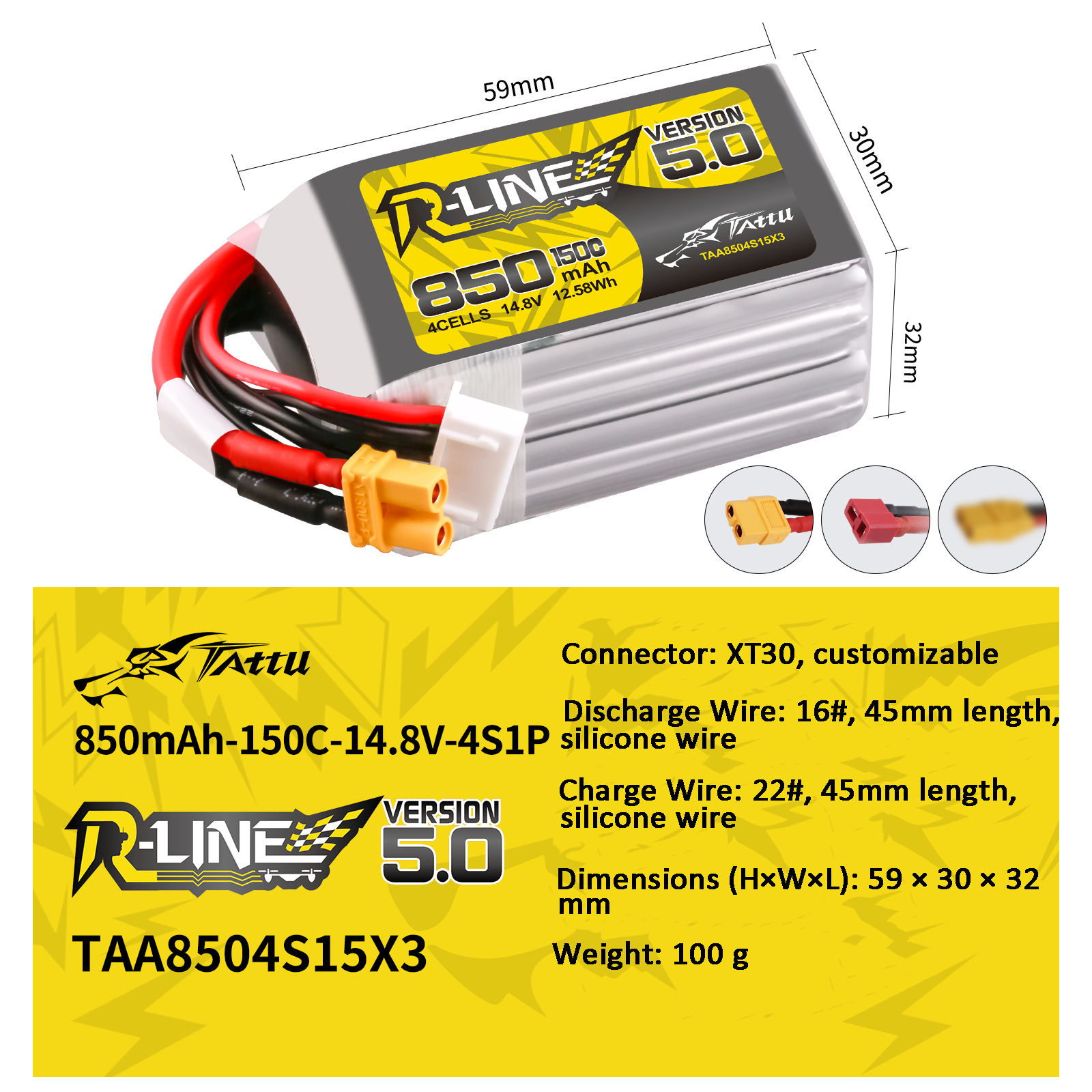 850mAh-14.8V-4S1P-150C-T30