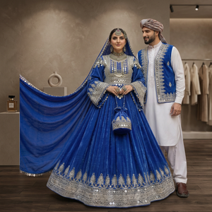 Vestido de Novia Elegante Azul de Satén de Algodón Bordado, Estilo Tubo, Sin Tirantes, Manga Larga, Largo hasta el Suelo, con Cola Capilla y Pedrería Hecha a Mano - Product Image 3