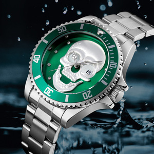 Stylish Men's Waterproof Quartz Watch With Rhinestone Skull Design Luminous Hands Date Display Stainless Steel Band 30M Water - Product Image 3