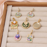 Pendentif fleur style peinture à l'huile Monet, peint à la main, perle d'eau douce, breloques de collier en cuivre haut de gamme