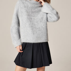 Женский укороченный свитер свободного кроя из мохера с эффектом кашемира, в стиле минимализм, серо-розовый, с воротником-стойкой, высокая эстетика, для миниатюрных женщин - Product Image 1