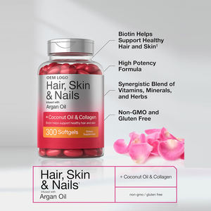Compléments alimentaires en gélules OEM, huile de noix de coco, complément de croissance, capsules de vitamines pour les cheveux et les ongles avec biotine - Product Image 3