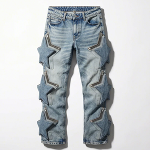Jean évasé <span class=keywords><strong>femme</strong></span> Wangsheng avec patchs étoiles, denim délavé bleu clair, pantalon streetwear Y2K, détails fermeture éclair, style vintage WS-ZL-01-108 - Product Image 1
