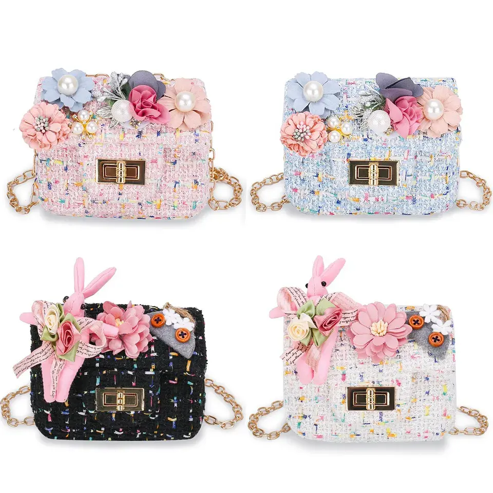 New Design cute flower girls baby small handbags tweed kids shoulder handbag mini purses for little girls